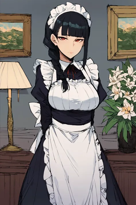 score_9, score_8_up, score_7_up, score_6_up, score_5_up, score_4_up, source_anime, ratatatat74, sketch, (mature female:1.2), 1girl, maid, braid, solo, long hair, red eyes, maid headdress, black hair, apron, bangs, dress, breasts, puffy sleeves, long sleeves, frills, looking at viewer, maid apron, blunt bangs, indoors, flower, very long hair, black dress, single braid, closed mouth, vase, plant, braided ponytail, juliet sleeves, lamp, large breasts, feet out of frame, long dress, arms behind back, painting of a scenery <lora:Ratpony-000007:1>