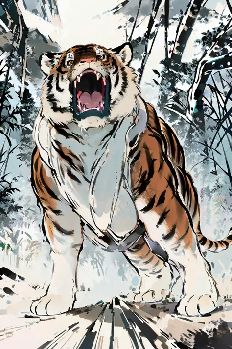 1 tiger,open your big mouth,dangerous,mountain forest,tiger descending the mountain,<lora:gubinxin:0.9>,