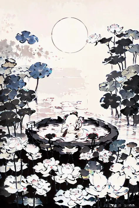 chinese ink painting,the lotus pool by moonlight,<lora:gubinxin:0.9>,
