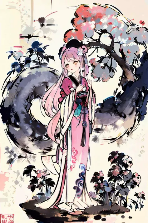 1girl,long hair,hanfu,pink pibo,chinese ink painting,<lora:gubinxin:0.9>,