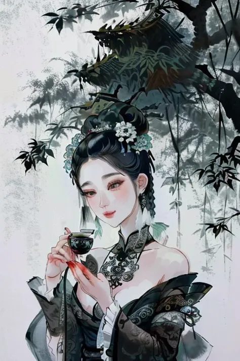 woman a mythical forest, masterpiece, perfect face, intricate details, horror theme, raw photo, photo unp <lora:gubinxin:0.7> chinese ink painting