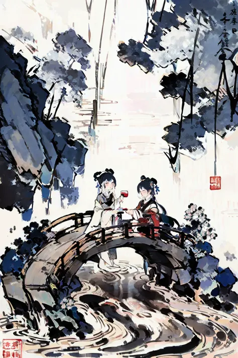 chinese ink painting,peak,flowing water,small bridge,household,<lora:gubinxin:0.9>,