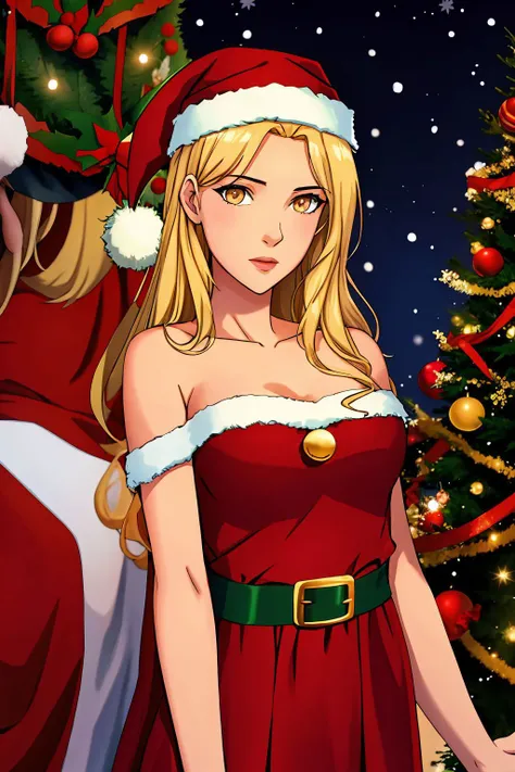 1girl, light blonde hair, gold eyes, <lora:Santa Dress_v1:1> santa dress, christmas tree