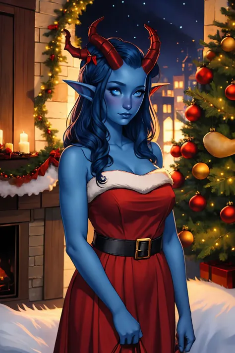 <lora:Tiefling_v1:1> 20 years woman, tiefling, colored skin, horns, pointy ears, blue skin, <lora:Santa Dress_v1:1> santa dress, christmas tree