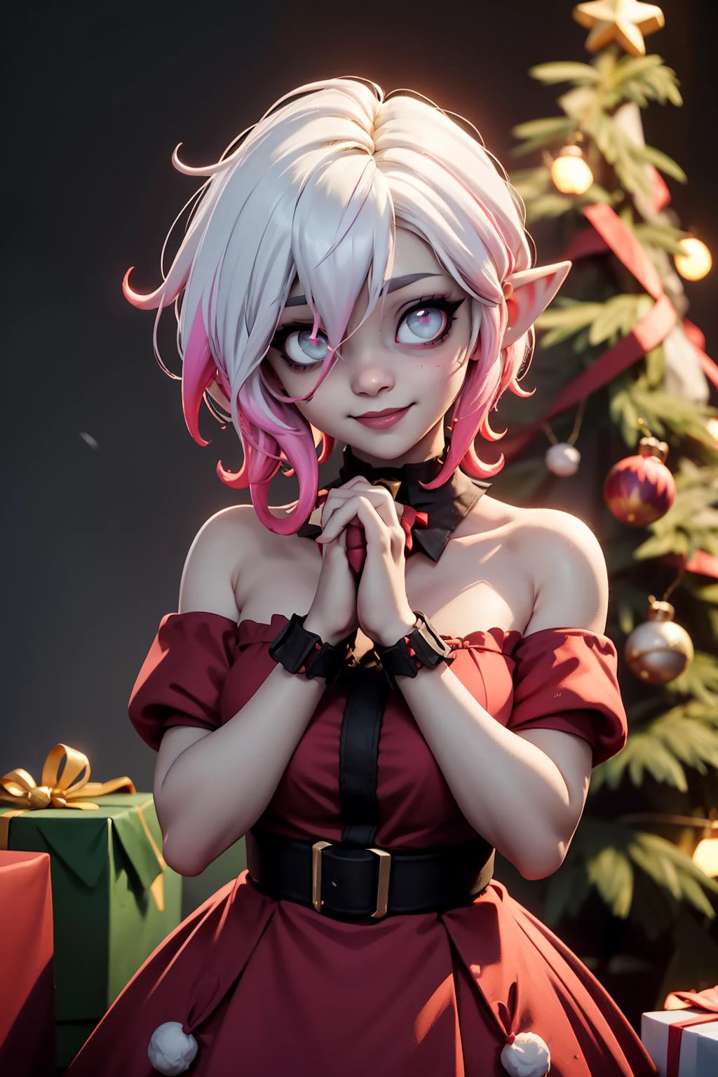 half body shot, <lora:Briarv06:0.6> briar, evbriar, solo, 1girl, gradient hair, pink sclera, white hair, short hair, multicolored hair, grey skin, silver eyes, pointy ears, hair between eyes, <lora:Santa Dress_v1:0.6> santa dress, christmas, christmas tree, presents, warm lights, looking at viewer, light smile, cute expression <lora:heart-hands:0.35> heart hands, own hands together, best quality, masterpiece