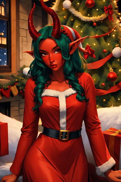 <lora:Tiefling_v1:1> 20 years woman, tiefling, colored skin, horns, pointy ears, red skin, <lora:Santa Dress_v1:1> santa dress, christmas tree