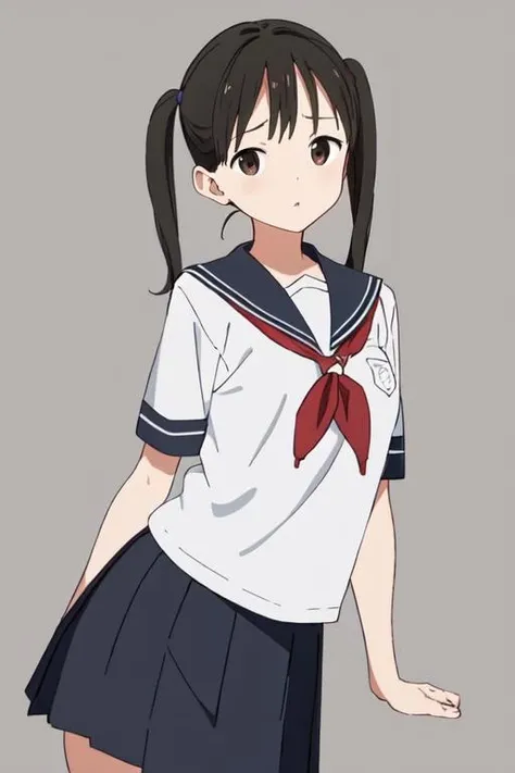 masterpiece, highres, 1girl, <lora:AyumiTogeguchiR4:0.7>, AyumiTogeguchiR4, brown eyes, twintails, school uniform, small breast, simple background,