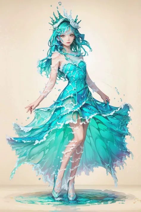 (masterpiece, best quality, high quality, highres, ultra-detailed), 1girl,solo,light_blue_hair,(liquid hair:1.2),liquid shoes,  long hair,floating hair, full body, standing,sundress, liquid clothes,water dress,  <lora:LiquidClothesV1fixed:1>, best quality, 8k, detailed skin texture,  beautiful detailed face, intricate details, ultra detailed,dancing,   <lora:Skirt_Tail:0.7>, skirt_tail, <lora:Fluid hair2.4:1>