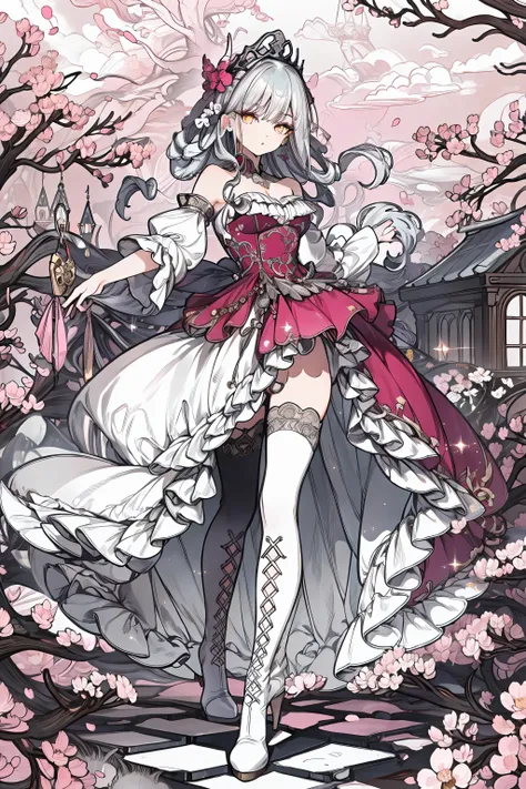 (masterpiece, best quality:1.2), highres, best illustration, 8k wallpaper, (Traditional Media), ((2d:1.2)), wide shot, (dynamic angle, dynamic pose:1.1),<lora:Skirt_TailV2:0.8>,  outline, ((thick lineart)), cover, stylish, official art, skirt_tail, (solo), (full body:1.2), mature female, perfect face, (detailed eyes, perfect face), (yellow eyes), eye shine, eyelashes, looking at viewer, (details:1.2), makeup, jewelry, hair ornament, lips, tiara, white hair, (hair rings:1.1), earrings, standing, pink dress, bare shoulders, detached sleeves, frills, (white thighighs:1.2), ((stockings)), fur trim, frills, high heel boots, white footwear, (fantasy), garden, bloom:1.1, [glow:0.2], shadow, nature, cherry blossoms, architecture, particles, (depth of field), sharp focus, ((volumetric lighting)), (bokeh:0.6), film grain:0.4, sky, day,  <lora:lowra_v10:0.4>
