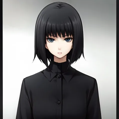 (Kuchiki Touko:1.1), blue eyes, black hair, (short hair:1.1), face focus, solo, hairpin