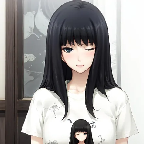 Kuchiki Touko, blue eyes, black hair, long hair, (blush:1.1), face focus, smile, wink, one eye closed, t-shirt, print shirt