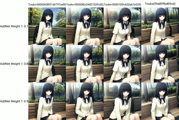 Kuchiki Touko, blue eyes, black hair, long hair, sitting on bench, park, trees, school uniform