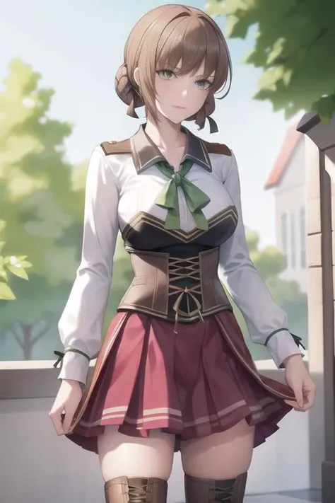 <lora:duvaliev2:0.7> duvaliecsiv, 1girl, solo, single hair bun, hair ribbon, short hair, long sleeves, white shirt, corset, green ribbon, school uniform, collared shirt, red skirt, pleated skirt, boots, thighhighs, thigh boots, zettai ryouiki, cross-laced footwear,