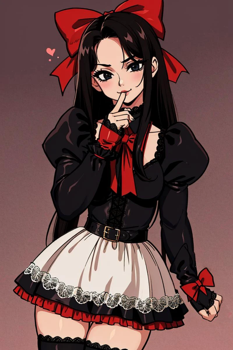 1girl, adult:1.3, long black hair, goth, sarcastic, ribbons, bows,frilly skirt, puffy sleeves, stitched leather, lace, fingerless gloves, <lora:Theme_GothGirls-v1:0.8>