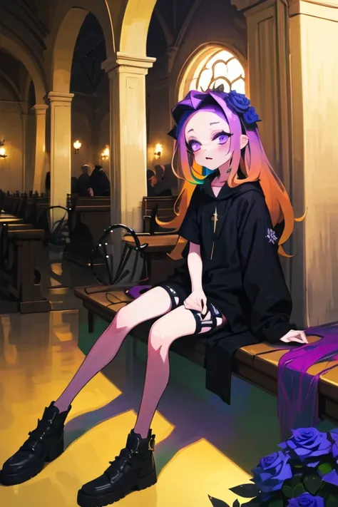 masterpiece, best_quality, (night:1.5),(dusk:1.3),dim indoor ,(dim:1.2),1girl,sitting,solo, goth, (disheveled hair),[orange hair:purple buttom hair:0.8],[:colorful hair:0.7],forehead,very long hair,(colored inner hair:1.3),(gradient hair:1.2), blue and purple  eyes,black dress,flower, black lip, black lipstick and eyeshadow,dark,candle,gloomy,(night church), (Purple rose:1.3),night,dusk,