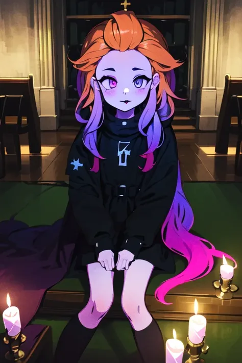 masterpiece, best_quality,night,dark indoor ,1girl, solo, goth, (disheveled hair),[orange hair:purple buttom hair:0.8],[:colorful hair:0.7],forehead,very long hair,(colored inner hair:1.3),(gradient hair:1.2), blue and purple  eyes,black dress,rose,flower, black lip,pale skin, black lipstick and eyeshadow,dark,candle,gloomy,church,