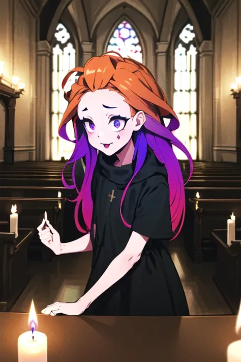 masterpiece, best_quality,night,dark indoor ,1girl, solo, goth, (disheveled hair),[orange hair:purple buttom hair:0.8],[:colorful hair:0.7],forehead,very long hair,(colored inner hair:1.3),(gradient hair:1.2), blue and purple  eyes,black dress,rose,flower, black lip,pale skin, black lipstick and eyeshadow,dark,candle,gloomy,church,