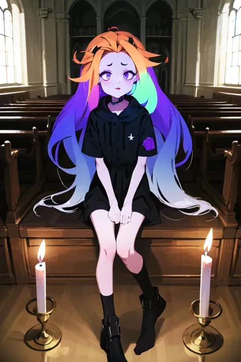 masterpiece, best_quality,night,dark indoor ,1girl, solo, goth, (disheveled hair),[orange hair:purple buttom hair:0.8],[:colorful hair:0.7],forehead,very long hair,(colored inner hair:1.3),(gradient hair:1.2), blue and purple  eyes,black dress,rose,flower, black lip,pale skin, black lipstick and eyeshadow,dark,candle,gloomy,church,