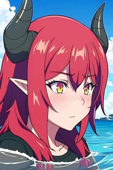 T-shirt_Shirt_lift_V1, <lora:Curran:0.7>, Curran, red hair, color, yellow eyes, pointy ears, demon girl, long hair, light pupils, demon horns