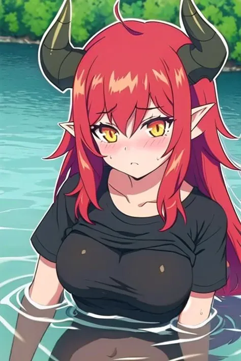 T-shirt_Shirt_lift_V1, <lora:Curran:0.7>, Curran, red hair, color, yellow eyes, pointy ears, demon girl, long hair, light pupils, demon horns