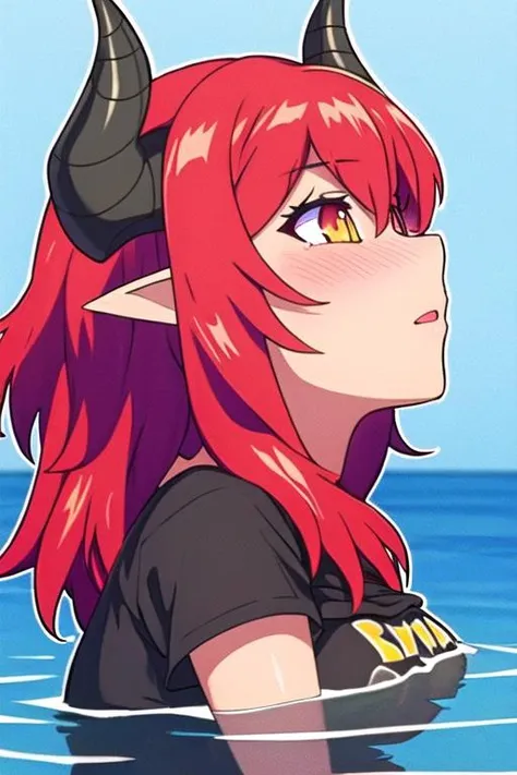 T-shirt_Shirt_lift_V1, <lora:Curran:0.7>, Curran, red hair, color, yellow eyes, pointy ears, demon girl, long hair, light pupils, demon horns