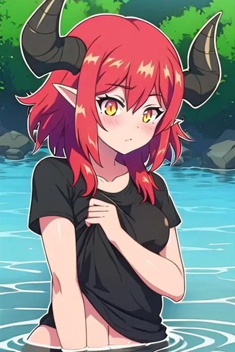 T-shirt_Shirt_lift_V1, <lora:Curran:0.7>, Curran, red hair, color, yellow eyes, pointy ears, demon girl, long hair, light pupils, demon horns
