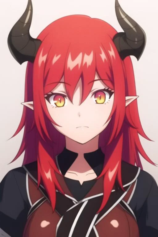 1girl, <lora:Curran:0.7>, Curran, red hair, color, yellow eyes, pointy ears, portrait, demon girl, long hair, light pupils, demon horns,