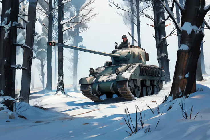 firefly tank, in the forest, blizard, snow, with crew, mist,