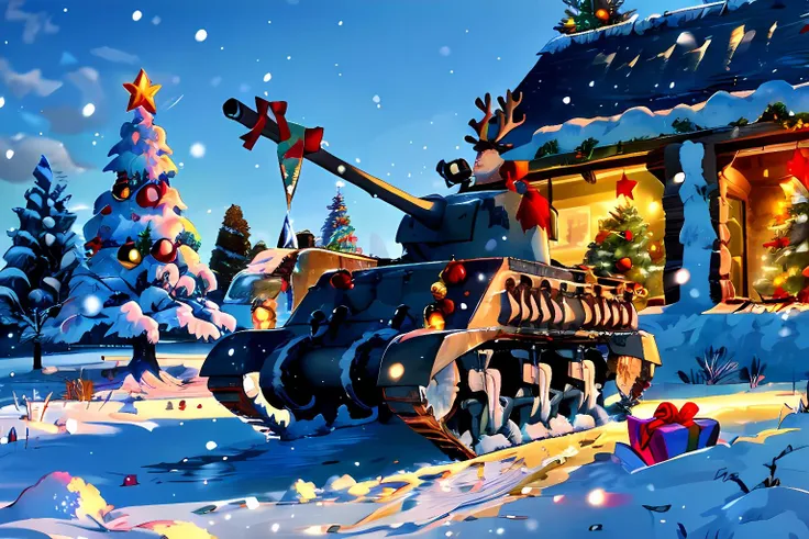 firefly tank, Xmas, ice covered, snow covered, neatly wrapped , with icicles, icicles, mistletoe, red tinsel, christmas tree, decorations, presents, reindeer,