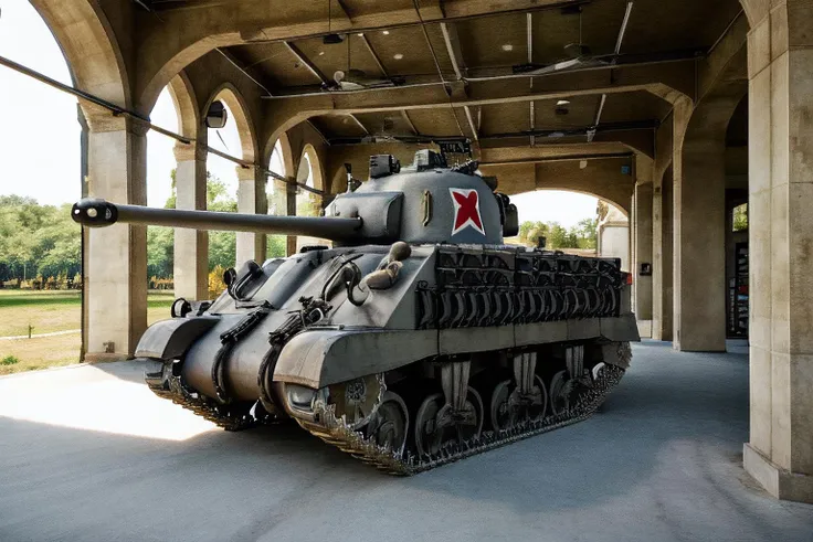 The Sherman M4 tank, a powerful fighting vehicle, stands on the battlefield, ready for battle. Its massive metal construction and armor give it an imposing appearance. Its cannon contains firepower capable of inflicting serious damage to the enemy. A sense of strength and maneuverability is conveyed through the tracks and wheels. The Sherman M4 tank is a symbol of war and determination, ready to fight for victory on the battlefield. <lora:Sherman:0.8>
