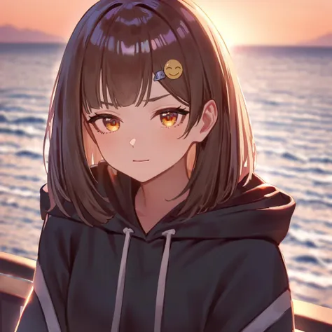 anime girl with brown hair and yellow eyes standing on a pier