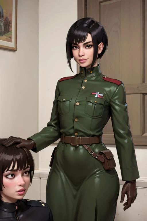 spiky bald hairstyle, short hair, mexican skin, gloves, uniform military, 1girl ,dark black hair, ((hair cut super short,)), soft Brown eyes, smile lips,