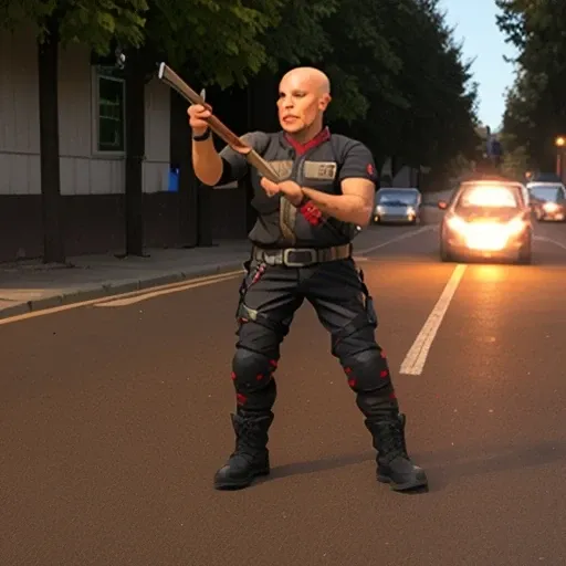 Prompt: doom shotgunguy on street <lora:doom_sw_sprites:0.8>