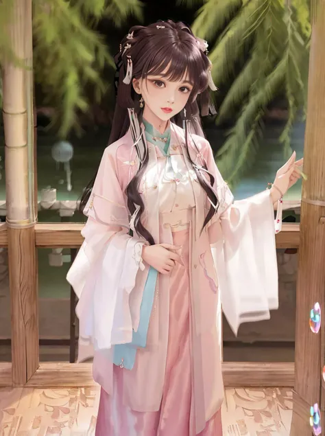 masterpiece, best quality, 4k, highres, long hair, hair ribbon, solo, depth of field,
jewelry hairpin, riverside, (Hanfu, Song, Song Dynasty, Song clothing: 1.4) slim legs, closed mouth, shiny skin, light blush,
pureerosface_v1 ulzzang-6500-v1.1