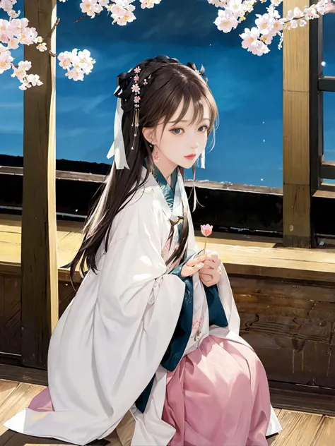 (masterpiece), best quality, highest quality, extremely detailed CG unity 8k wallpaper, detailed and intricate, highres, realistic, depth of field, extremely detailed CG, looking at viewer,solo,
\
(),extremely detailed_eyes, fingernails,
(eyeliner:0.5),(blush:0.5),long brown hair, hair ribbon, jewelry hairpin, <Hanfu, Song, Song Dynasty>,
full body,
\
riverside, bridg, hanami,
(ambient light:0.8),(HDR:1),