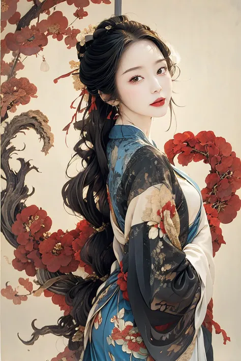 nsfx,((((masterpiece:1.2, best quality),a pure white background,cartoon 2d style,xianxia ancient style,fantasy,rich colors,solo:1.2,(cowboy_shot,),((1girl,black hair,beautiful face))))),looking at viewer,light smile,(thin lip),big breasts,exposed,cleavage,bare shoulders,skirt,The palms of both hands can be seen,<lora:add_detail:0.4>,blue and white hanfu,colorful,white_background,<lora:chinesestylesilver:0.6>,<lora:koreanDollLikenessUL:0.5>,blue and white theme,<lora:JapaneseDollLikeness_v15:0.6>,<lora:anxiang:0.9>,