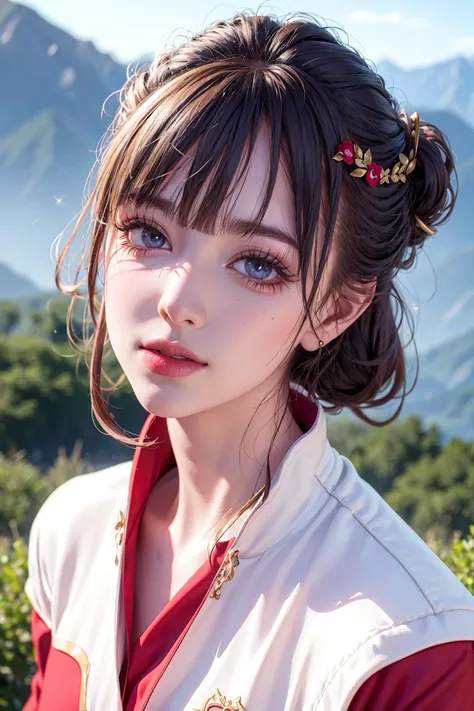 1 girl, (extreme skin luster: 1.4), (extreme light and shadow changes), (gorgeous costume: 1.5), (detailed face and eyes: 1.3), (shiny colored eyes: 1.5), intricate hair decoration.
The young girl in the painting is dressed in a red robe, as if her snow-white face is more delicate under the lining. She slightly tilts her head and her gaze is calm, as if she is thinking about something. The mountains and the sky in the background are finely depicted, making the whole painting look more realistic.
(realism: 1.3), (extreme complexity: 1.2), (realistic photo: 1.3), (surrealism: 1.4), volumetric lighting, cinematic lighting, cinematic effects, portrait of a girl.
<lora:fashiongirl-lora-v4.5-32dim:0.3> <lora:baiyi-lora-v1-naivae-8ep-32dim:0.3> <lora:fashionGirl_v50:0.3>