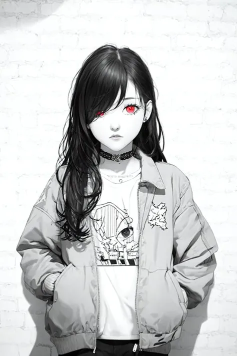 best quality, intricate details, chromatic aberration,
1girl, long hair, black hair, messy hair, red highlights, hair over one eye, red eyes, sharp eyes,
choker, neon shirt, torn legwear, open jacket,
against wall, brick wall, graffiti, dim lighting, alley
<lora:animeLineartStyle_v20Offset:1> , monochrome, lineart