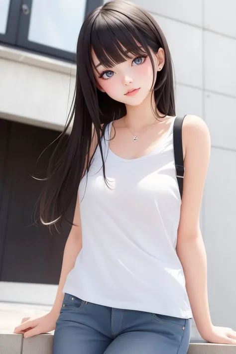 masterpiece, best quality, 1girl, blunt bangs, casual, grey eyes,