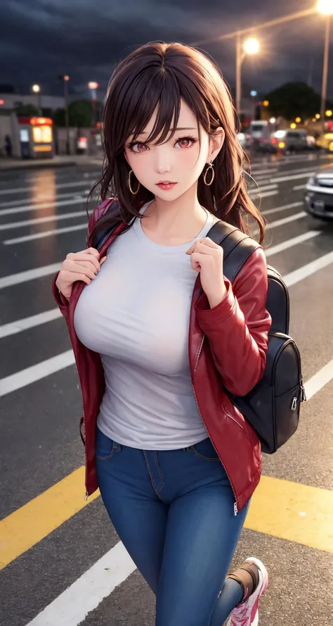 (masterpiece), best quality, highest quality, extremely detailed CG unity 8k wallpaper, complex and intricate, original,high res, cinematic lighting,
\\
beautifully detailed background, depth of field,:0.1,realistic:1.3,
(ambient light:1.3),(cinematic composition:1.3),(neon lights:0.1),(HDR:1), Accent Lighting,
\\
(16yotremely detailed_eyes, fingernails, sexy, large breasts,
(eyeliner:0.5),(blush:0.5), black hair,
\\
looking at the viewer, solo,
\\
white shirt, full body,

street, subway station, shop border, Akihabara \(tokyo\), Shibuya \(tokyo\), Shinjuku \(tokyo\), tree, rain, cloudy, afterglow, cityscape,

pureerosface_v1, [:(detailed face:1.2):0.2], shiny eyes, dramatic view,

STARRY, STARRY LIGHT, NIGHT, COLORFUL, CLOUD, STAR \(SKY\),  decent jacket, jacket pull, wind coat pull,
Raining, Rainy, wet, damp body, water drops on skin,
light blush, skinny,
ulzzang,(raw photo:1.2), (photorealistic:1.4), beautiful detailed girl, extremely detailed eyes and face,
light on face,
cameltoe, (denim blue jeans, red leather jacket, black leather backpack on back), (black backpack)

Shirt pull, earrings, FASHI-GIRL, dynamic expression, leggings, sportswear,

Jumping, Running, Walking. see-through


, <lora:chilloutmixss20_v20:0.2>