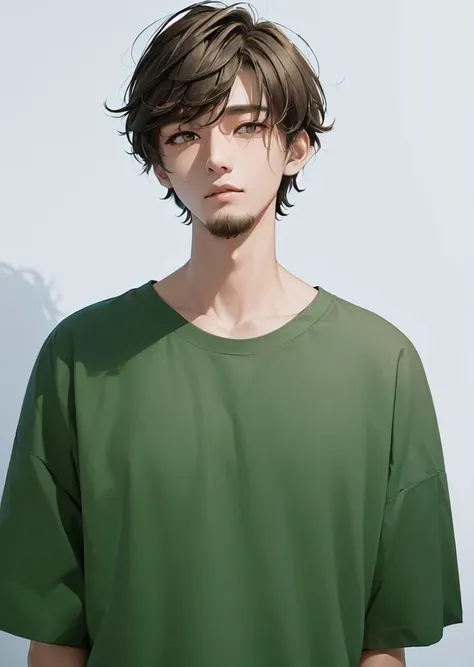 (masterpiece, high quality, best quality:1.4), 1boy, korean, upper_body, ((lanky, scruffy)), messy_hair, (light_beard), plain_green_tshirt, oversized_clothes, baggy_clothes, skinny, thin, skinny_arms, big_chin, thin_neck, awkward, scared, nervous,