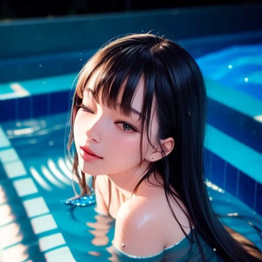 woman in pool, (breasts:0.3), (cleavage:0.3), (nipples:0.8), very long hair, straight hair, detailed face, cool face, (smooth chin:0.85), shy smile, long eyelashes, sharp eyes, eyes closed, beautiful eyes, detailed eyes, thick eyebrows, red eyeshadow, symmetry eyes, (from above:1.1), (infinity pool:1.5), (star \(sky\):1.3),
wet clothes, wet body, wet hair, tindal effect,lens flare,shade, bloom, backlighting, depth of field, natural lighting, hard focus, film grain, photographed with a Sony a9 II Mirrorless Camera, by Laurence Demaison<lora:epiNoiseoffset_v2:1.0>,
photon mapping, physically-based rendering, RAW photo, highly detailed background, high res, perspective, (ulzzang-6500-v1.1:0.7)