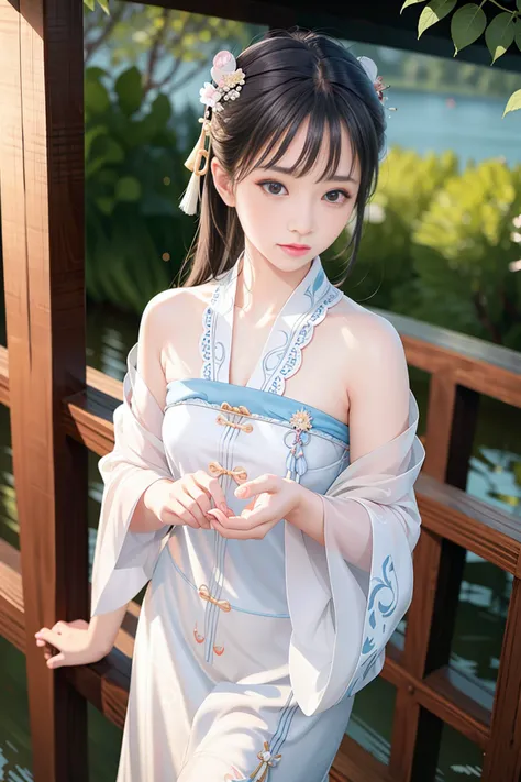 (best quality, masterpiece:1.1), (realistic, photo-realistic:1.1), cute, (nose blush), (closed mouth) small breasts, beautiful detailed eyes,<lora:koreanDollLikeness:0.2>,( cowboy shot:1.2), 1girl, tang style outfits, tang_hanfu,under shan, chest ru skirt ,makeup, east asian architecture, (outdoors:1.1),beautiful detailed water, looking at viewer, dating, <lora:hanfu-v2.9:0.75> , (ulzzang-6500-v1.1:0.2), <lora:xss3-0:0.2>