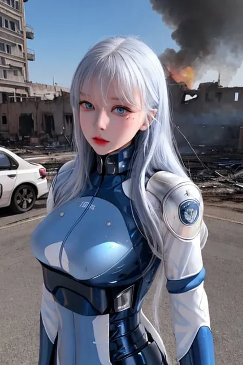 beautiful detailed blue eyes,air force fleet in the sky,expressionless,(bodysuit:1.10),hair fluttering in the wind,dusk,mechanical body armor,(solo:1.33),burning cars,clothes,highres,ruins of city in war,(best quality;highly detailed:1.21),burning buildings,mechanical arm armor,light blush,white hair,riding motor,bird see,fire,wallpaper,photo,real,realistic,1girl,an extremely delicate and beautiful,8k_wallpaper,upper_body,extremely_detailed_eyes_and_face