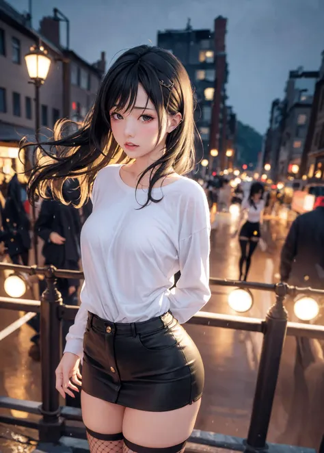 {best quality}, {{masterpiece}}, {ultra highres}, (realistic, photorealistic: 1.37),(raw photo:1.2), absurdres, incredibly absurdres, huge filesize , ultra-detailed, highres, extremely detailed,best quality ,masterpiece, illustration, an extremely delicate and beautiful, extremely detailed ,CG ,unity ,8k wallpaper, 1girl, ((upper body)), small breasts, miaoxiaoji, <lora:miaoxiaojiLora_v20:0.8>,light on face, cinematic lighting, Messy hair, floating hair,long hair, lamp hairpin, wide hips, thick thighs,skinny, cityscape, street, focus on face, crowd, night sky, night,running, rain, rainy, fishnets, thighhighs, high heels, (miniskirt1.3),