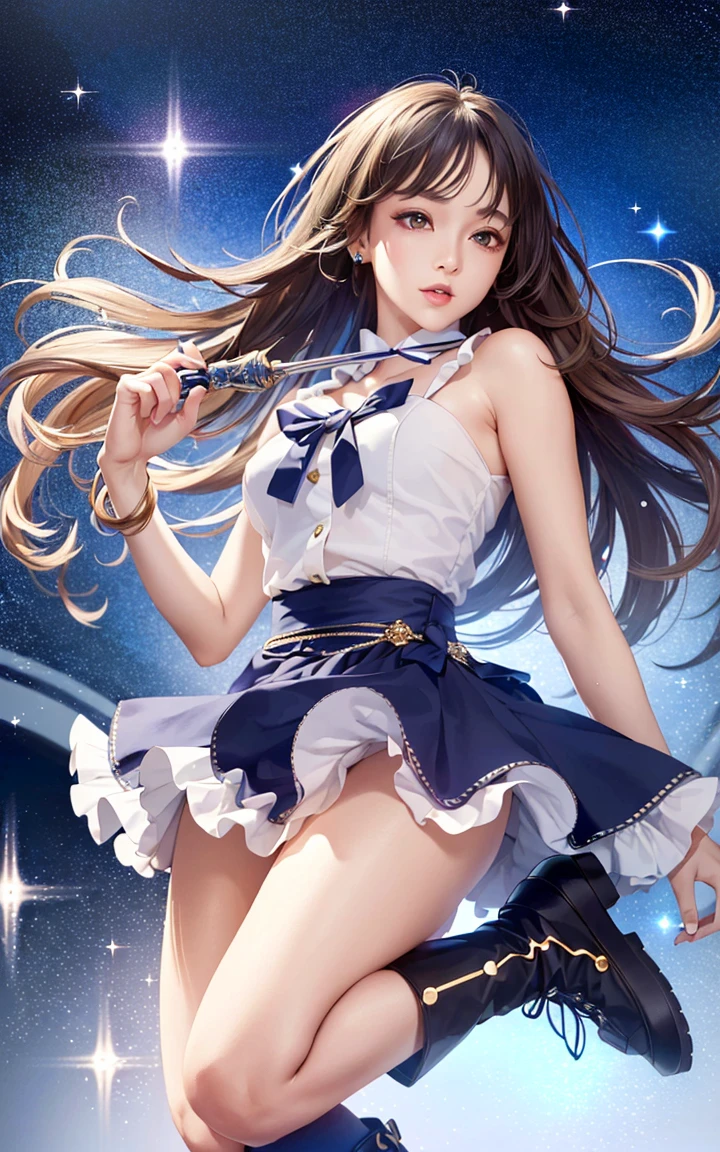 ((magical girl)), ((gorgeous starry sky background)), ((ultra-detailed)), ((cinematic lighting)), dynamic angle, floating, finely detailed, (glitter:1.2), (sparkle:1.2), (shine:1.2), classic, (best quality), (masterpiece:1.2), (solo), beautiful detailed face, (cute face:1.3), colorful hair, (long hair:1.2), (floating hair:1.2), (magical girl outfit), detailed outfit, (sparkling wand:1.3), (magical effects:1.3), (flowing skirt:1.2), (cute boots:1.1), (transparent fabric:1.1), (twinkle:1.2), (glow:1.2), (radiance:1.2), (flicker:1.2), (dazzle:1.2),(Oil highlights),[wet with oil:0.3],reflection,symmetrical,photographed with a Sony a9 II Mirrorless Camera, by Laurence Demaison,High detail RAW color photo professional close photograph, [:(highly detail face: 1.2):0.1], natural lighting, hard focus, film grain,pore,tindal effect,lens flare,shade, bloom, backlighting, depth of field,
 [:(highly detail face: 1.2):0.1], (PureErosFace_V1:0.4), (realistic, photo-realistic:1.37), physically-based rendering, <lora:koreanDollLikeness_v10:0.1>,incredibly detailed body,