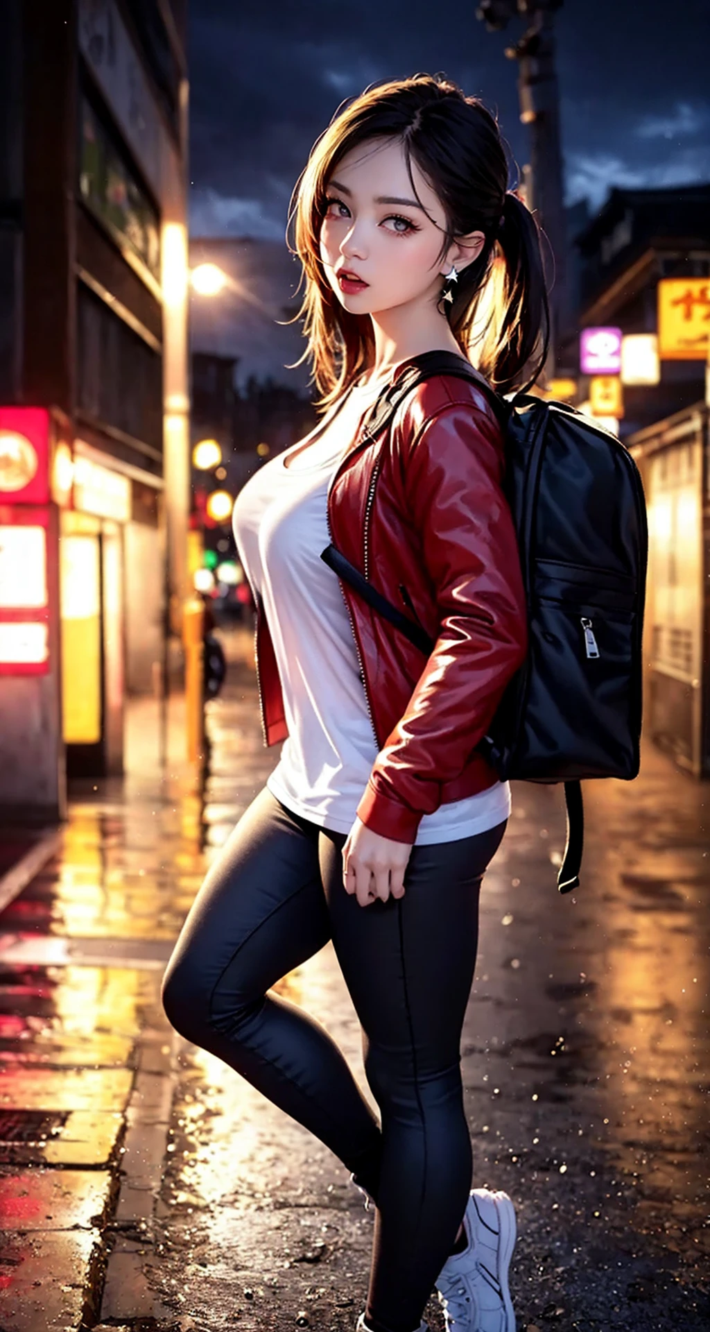 (masterpiece), best quality, highest quality, extremely detailed CG unity 8k wallpaper, complex and intricate, original,high res, cinematic lighting,
\\
beautifully detailed background, depth of field,:0.1,realistic:1.3,
(ambient light:1.3),(cinematic composition:1.3),(neon lights:0.1),(HDR:1), Accent Lighting,
\\
(16yotremely detailed_eyes, fingernails, sexy, large breasts,
(eyeliner:0.5),(blush:0.5), black hair,
\\
looking at the viewer, solo,
\\
white shirt, full body,

street, subway station, shop border, Akihabara \(tokyo\), Shibuya \(tokyo\), Shinjuku \(tokyo\), tree, rain, cloudy, afterglow, cityscape,

pureerosface_v1, [:(detailed face:1.2):0.2], shiny eyes, dramatic view,

STARRY, STARRY LIGHT, NIGHT, COLORFUL, CLOUD, STAR \(SKY\),  decent jacket, jacket pull, wind coat pull,
Raining, Rainy, wet, damp body, water drops on skin,
light blush, skinny,
ulzzang,(raw photo:1.2), (photorealistic:1.4), beautiful detailed girl, extremely detailed eyes and face,
light on face,
cameltoe, (denim blue jeans, red leather jacket, black leather backpack on back), (black backpack)

Shirt pull, earrings, FASHI-GIRL, dynamic expression, leggings, sportswear,

Jumping, Running, Walking. see-through