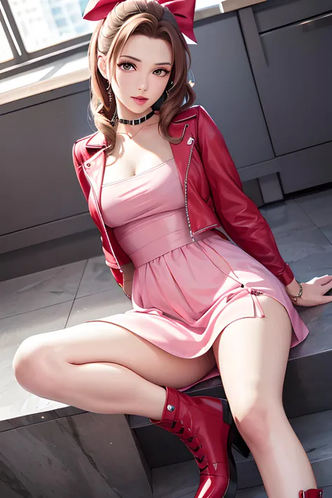 masterpiece,best quality,extremely detailed CG unity 8k wallpaper,absurdres,
aerith gainsborough,pink dress,red cropped jacket,hair bow,choker, brown boots,bracelet,<lora:aerith-nvwls-v1-000010:0.9>,