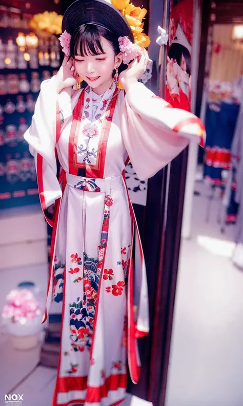 nikon RAW photo,8k,Fujifilm XT3,masterpiece,best quality,realistic,photorealistic,ultra detailed,extremely detailed face,cinematic lighting,palace, gril,1girl,solo,full body,large breasts,earrings,(high heels:0.8), dynamic pose,happy,Surrounded by flowers,(flower:1.2), petals,hat, Rich details,burn joss sticks
orange medium double bun,
turquoise NHAT_BINH,WEARING NHAT BINH,
<lora:nainai:0.6> <lora:Nhatbinh_Lora:0.8>