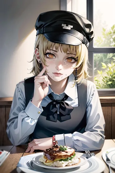 1girl, beautiful face, soft light (realism:1.2),
<lora:famiChainsawMan_v10:1>, fami \(chainsaw man\), expressionless, closed mouth, looking at viewer, elbows on plate, yellow hair, black hat, yellow eyes, school uniform, pinafore dress, white shirt, neck ribbon, indoors, food on plate, drinking glass, (ringed eyes:1.2)